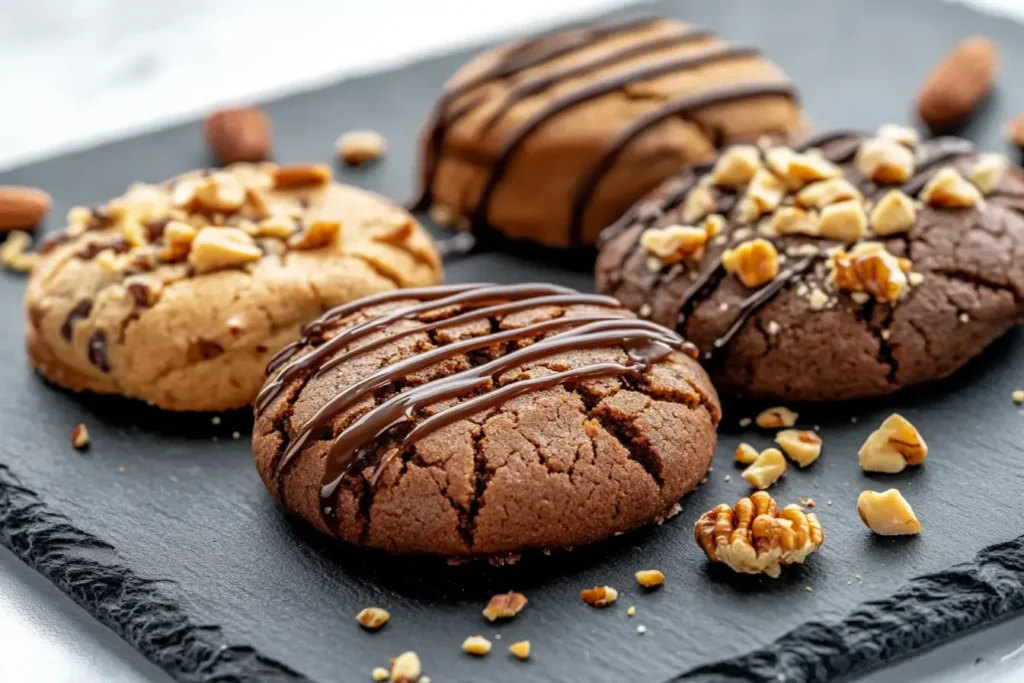 Variations Of Gingerbread Coffee Cake Cookies With Espresso Glaze, Chopped Nuts, And Gluten Free Adaptations Displayed On A Slate Board.