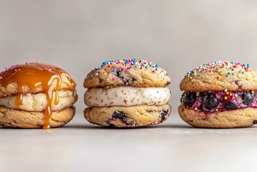 Variations Of Cheesecake Stuffed Cookies, Including Caramel And Blueberry.