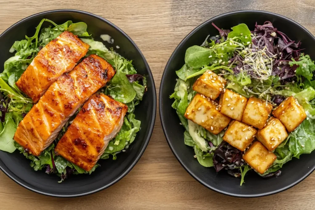 Variations Of Grilled Salmon Salad, Including A Vegetarian Option.