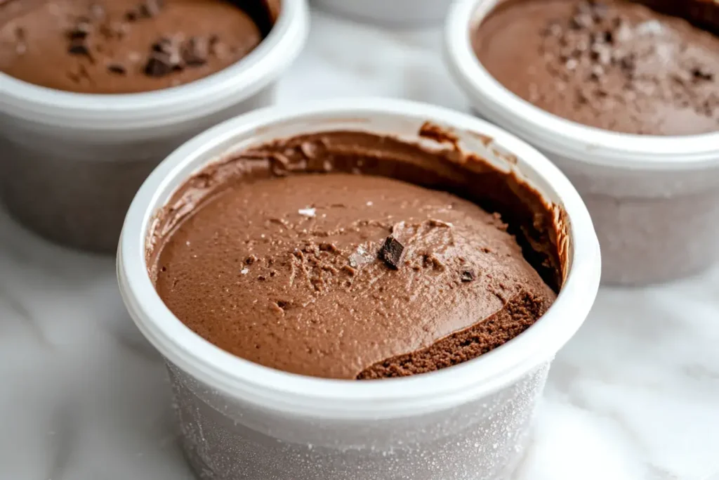 A Container Of Chocolate Mousse Frozen With A Thin Layer Of Frost On The Surface Showing It Was In The Freezer