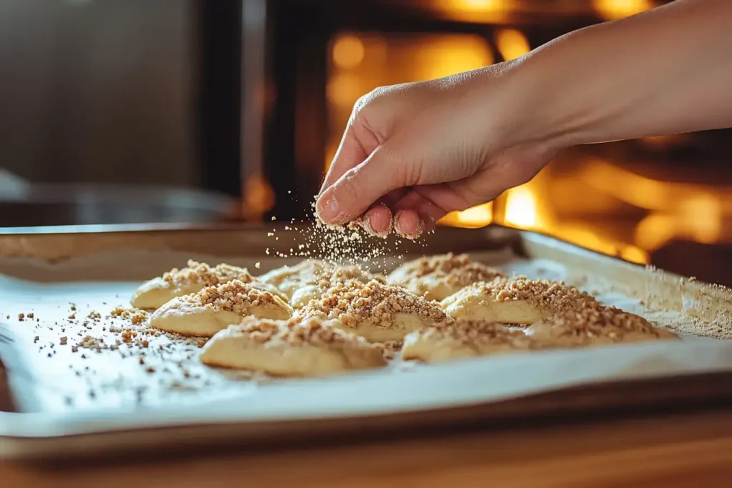 A Hand Sprinkles Streusel On Top Of Cookie Dough On A Parchment Lined Baking Sheet