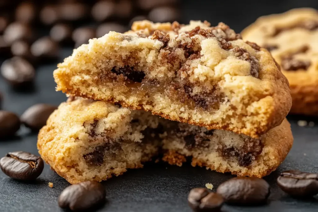 Coffee Cake Cookies Broken In Half, Revealing Its Soft, Crumbly Texture. Streusel On Top, Coffee Beans Around
