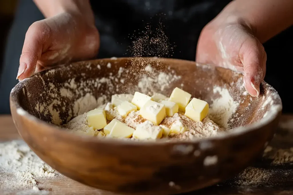 Kitchen Bowl Filled With Flour, Cubed Cold Butter, And Cinnamon, Being Crumbled By Freckled Fingers