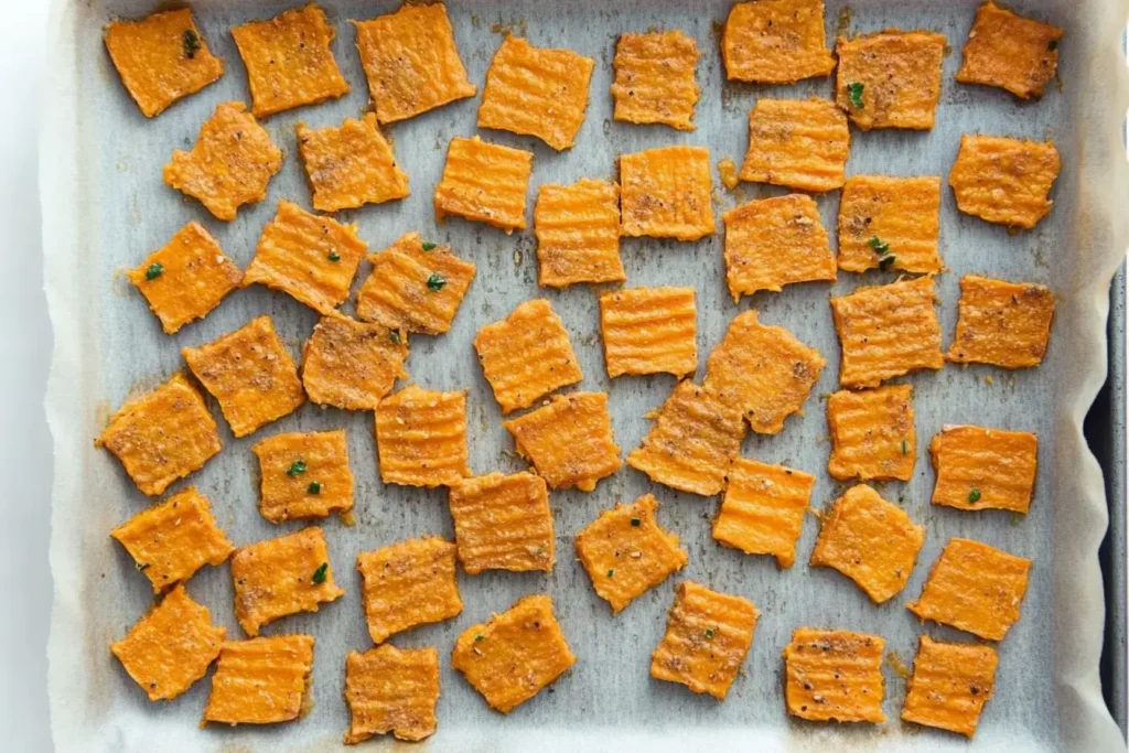 Sweet Potato Crackers Arranged In An Oven Tray.