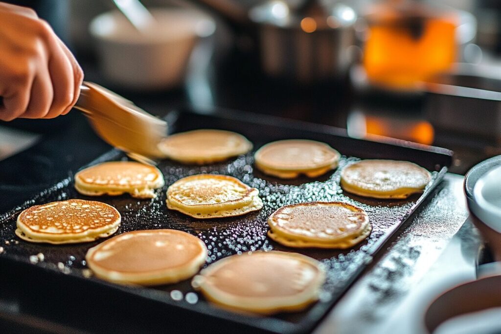 Tep By Step Cooking Of Mini Pancakes On A Griddle In A Modern Kitchen.