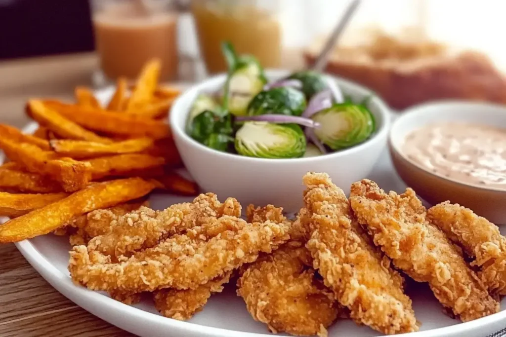 Crispy McDonald's Chicken Strips 8 A Kitchen Table Spread Featuring Crispy Golden Chicken Strips With A Bowl Of Tangy Vinegar Based Coleslaw, Roasted Sweet Potato Fries Dusted With Smoked Paprika, And Maple Glazed Brussels Sprouts