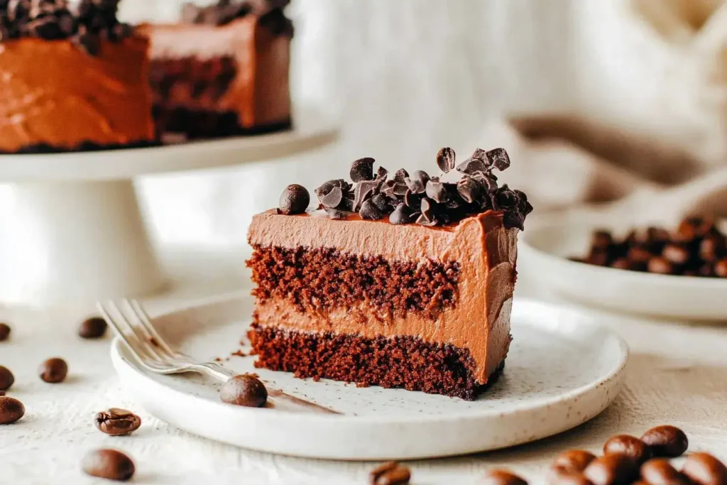 A Slice Of Rich, Coffee Chocolate Cake With A Smooth Chocolate Frosting Served On A White Plate With Some Coffee Beans Scattered Around