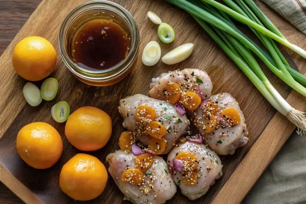 Bright Flat Lay Of Fresh, Bold Ingredients Used In A Citrusy Chicken Dish