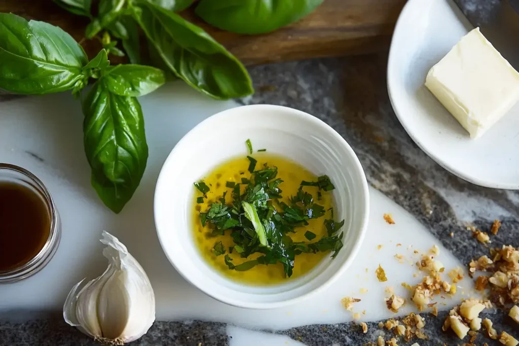 Calamansi Zest And Garlic Being Mixed On A Marbled Surface, With Flavor Boosters Nearby.