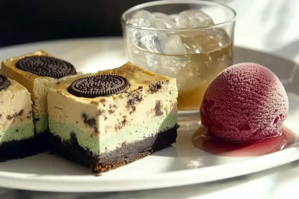 Cheesecake Bar Paired With Sorbet And Iced Coffee For A Refreshing Summer Dessert Combo.