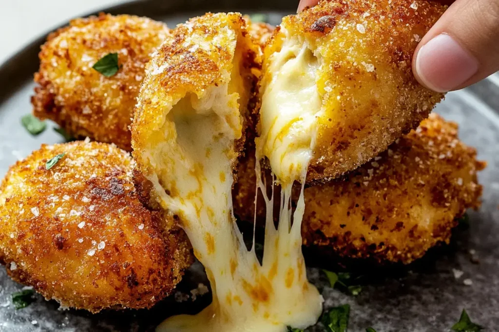 Cheesy Stuffed Chicken Nuggets Pulled Apart, Showing Gooey Mozzarella And Crispy Panko Coating