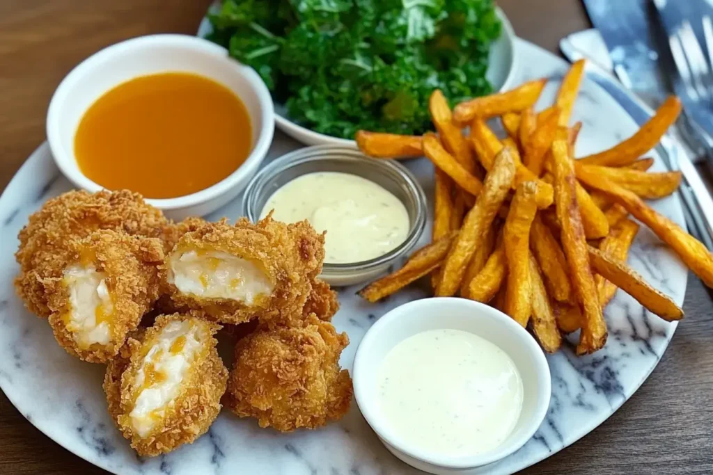 Cheesy Stuffed Chicken Nuggets 9 Cheesy Stuffed Chicken Nuggets Served With Honey Glazed Carrots, Kale Salad, Sweet Potato Fries, And Sauces