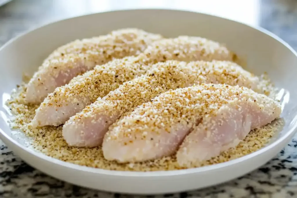 Crispy McDonald's Chicken Strips 5 Chicken Tenders Being Coated In A Golden Panko Breadcrumb And Parmesan Cheese Mixture On A Shallow White Plate