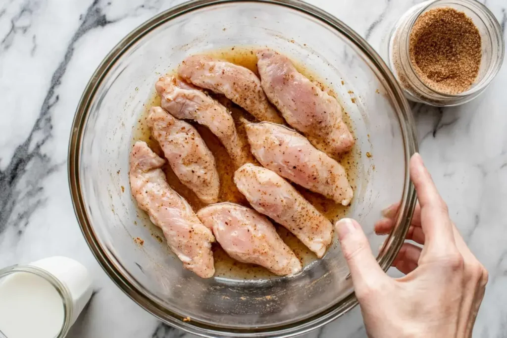 Crispy McDonald's Chicken Strips 4 Chicken Tenders Marinating In A Creamy Buttermilk Inside A Large Clear Glass Bowl, Placed On A Modern Kitchen Countertop.