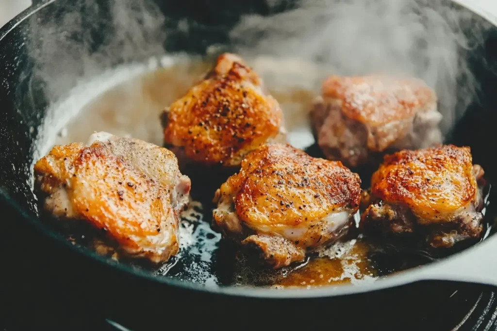 Chicken Thighs Searing In A Hot Skillet, Skin Crisping.