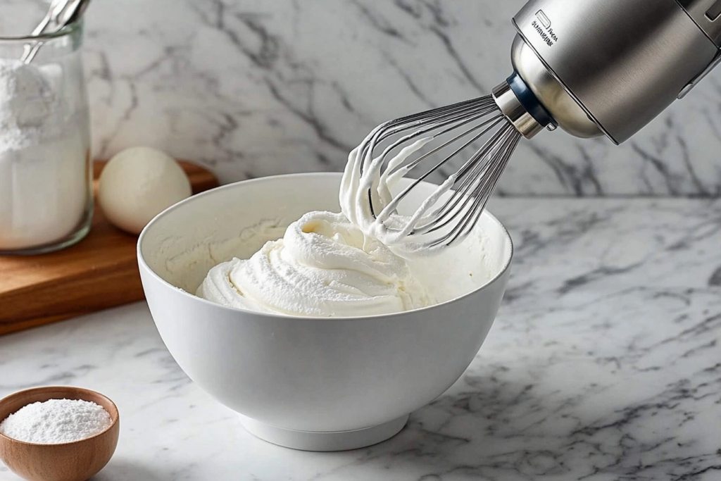 Chilled Stainless Steel Mixing Bowl With Whipped Cream Forming Soft Peaks