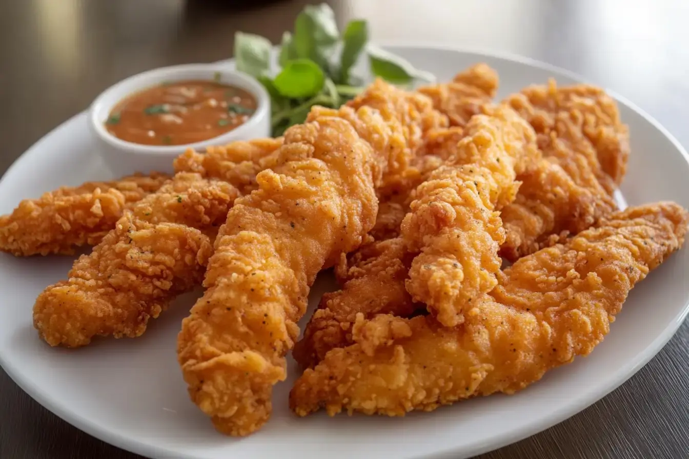 Crispy McDonald's Chicken Strips 1 Close Up Of Crispy Golden Mcdonald's Chicken Strips Stacked In A Family Style Serving Dish, With Dipping Sauces On The Side, Vibrant Lighting, Appetizing And Homey Vibe