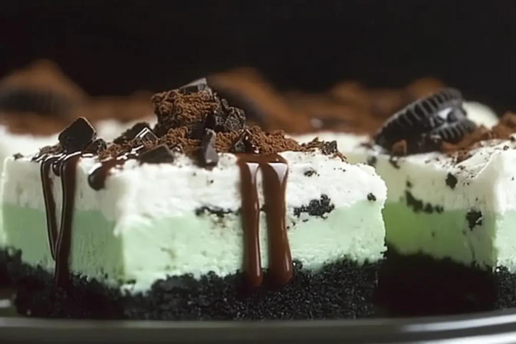 Close Up Of Mint Oreo Cheesecake Bar With Chocolate Drizzle And Mint Toppings