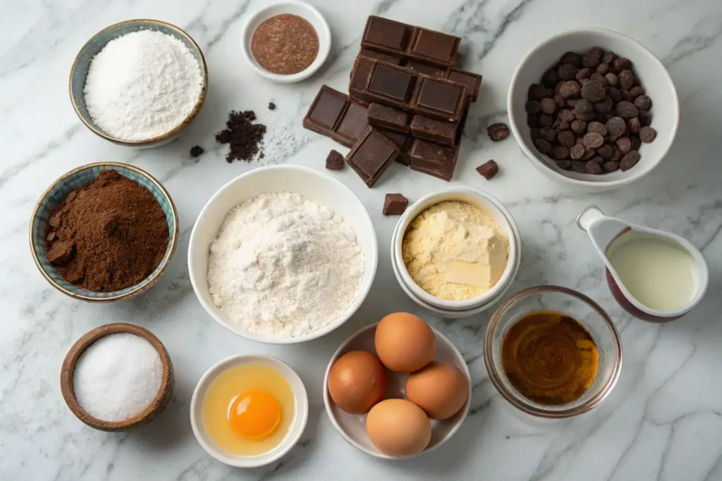 Coffee Chocolate Cake Ingredients On A Marble Surface. Webp