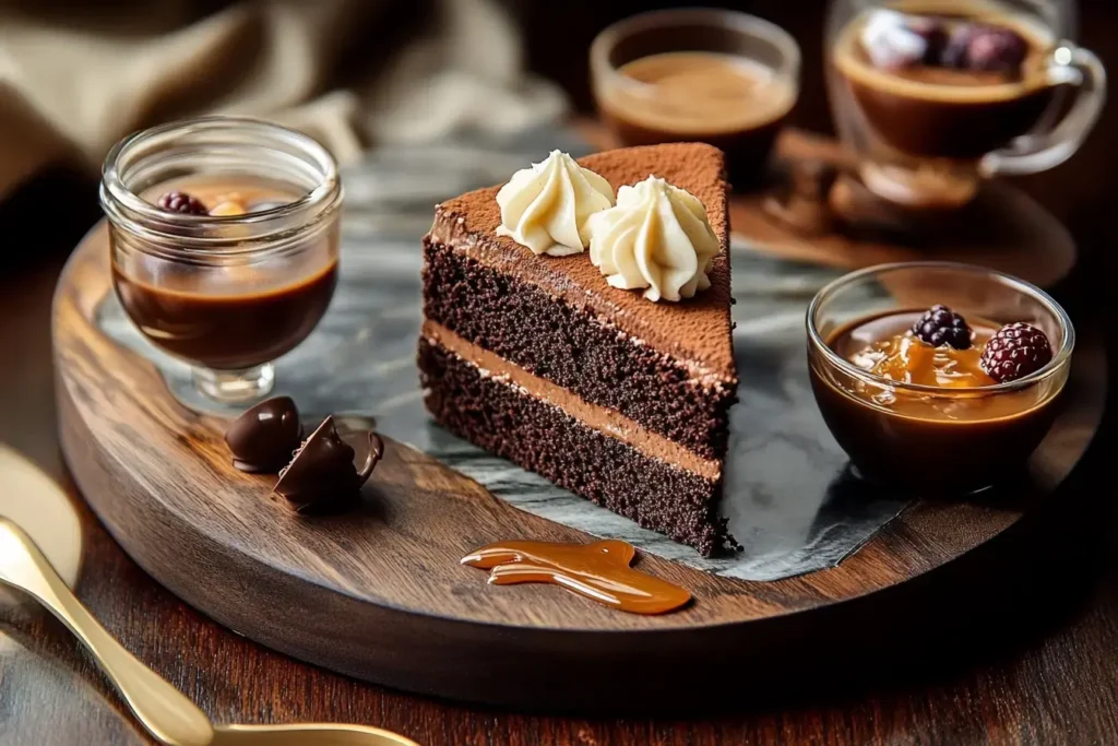 Elegant Dessert Table With Coffee Chocolate Cake And Sides On Marbled Board