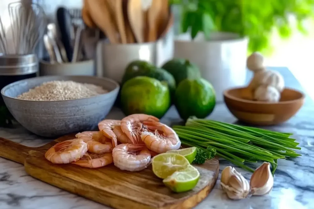 Filipino Ingredients For One Pot Garlic Shrimp With Calamansi Displayed On Marbled Surface