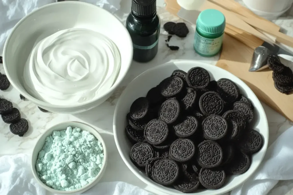 Flat Lay Of Key Ingredients For Mint Oreo Cheesecake Bars