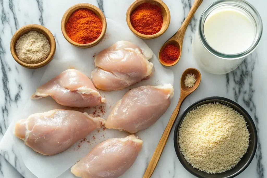 Crispy McDonald's Chicken Strips 3 Flat Lay On A Marbled Countertop Featuring Raw Chicken Tenders, Panko, Parmesan, Smoked Paprika, Garlic Powder, And A Small Jug Of Buttermilk, Organized Neatly With Rustic Measuring Spoons