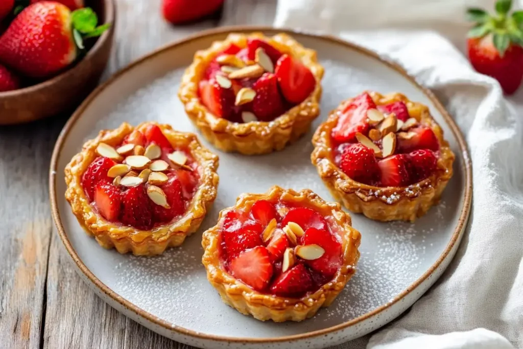 Four Small Golden Brown Puff Strawberry-Almond Tarts On A White Ceramic Plate, Each Topped With Neatly Arranged Slices Of Ripe Strawberries Over A Creamy Almond Filling.