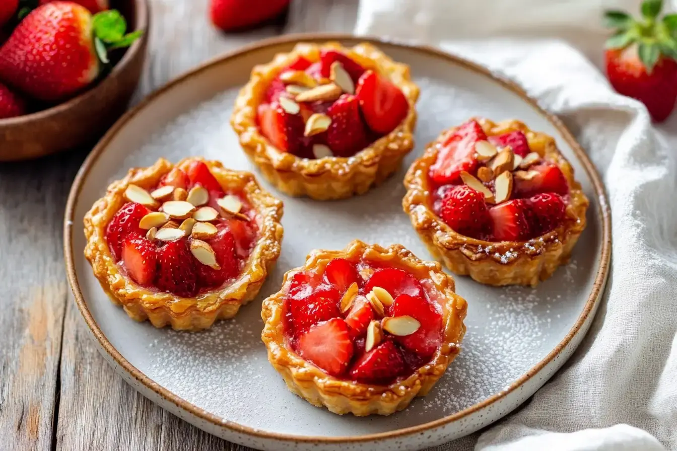 Four Small Golden Brown Puff Strawberry-Almond Tarts On A White Ceramic Plate, Each Topped With Neatly Arranged Slices Of Ripe Strawberries Over A Creamy Almond Filling.