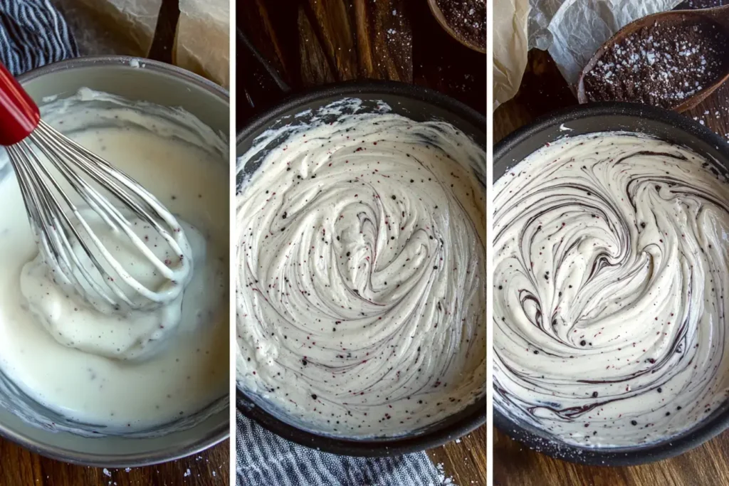 Fudge Brownie Batter In Process With Peppermint Swirl And Whipped Eggs