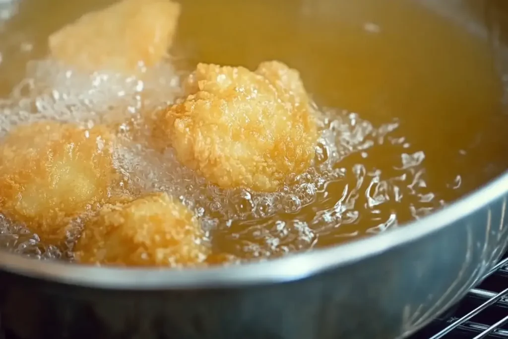 Cheesy Stuffed Chicken Nuggets 7 Fying The Nuggets Until Golden Brown