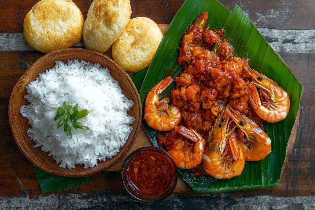 Garlic Shrimp Served On Banana Leaves With Rice And Bread On A Marbled Table, Ready For Sharing..
