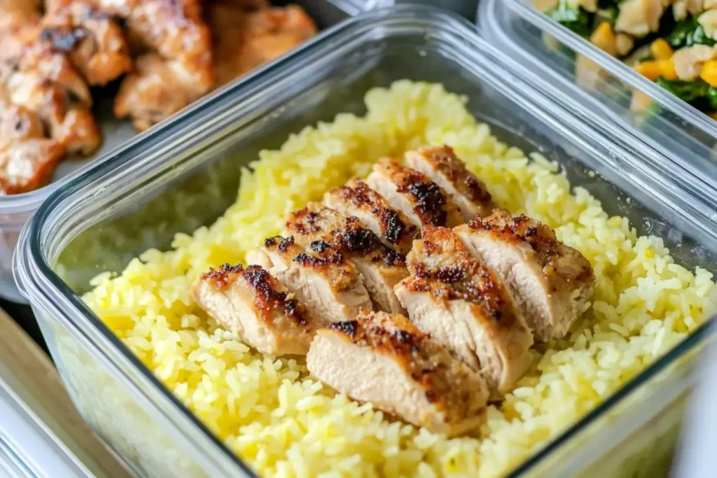 Glass Container Of Stored Calamansi Chicken Labeled For Meal Prep