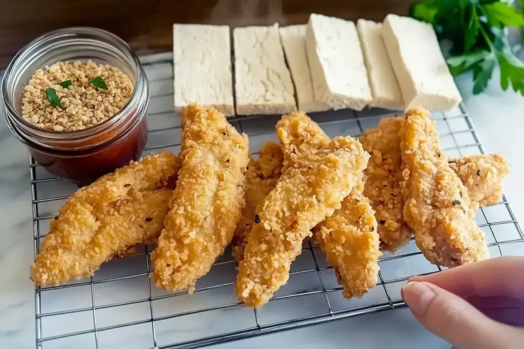 Crispy McDonald's Chicken Strips 7 Golden Crispy Chicken Tenders Resting On A Wire Rack With Ingredients Like Flour, Buttermilk, Cornflakes, Tofu