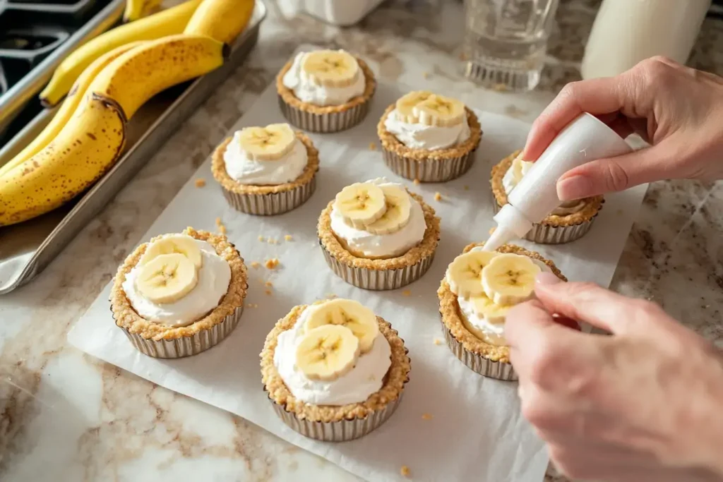 Hands Assembling Mini Banana Cream Pies By Layering Banana Slices