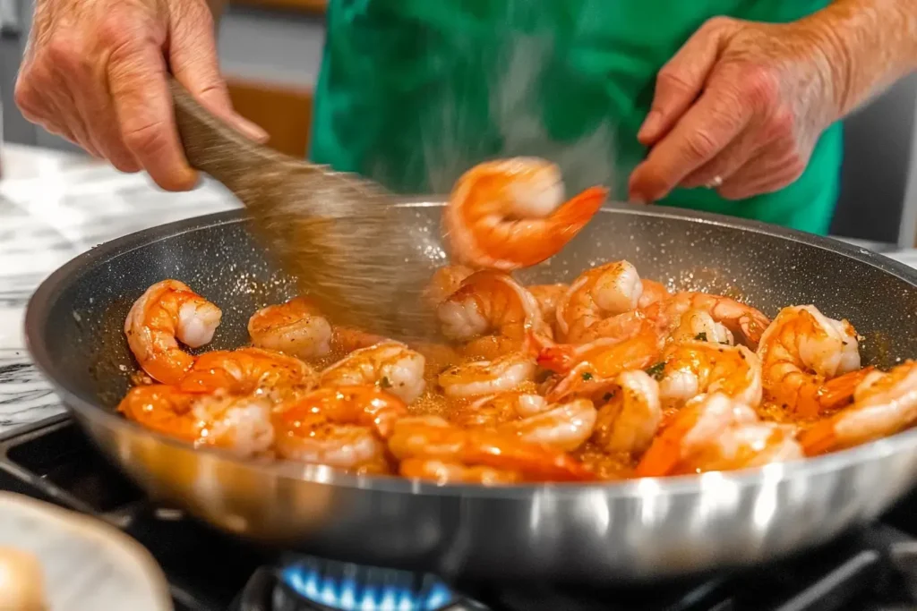 Hands Flipping Shrimp In Garlic Oil On A Stove With Marbled Surface.