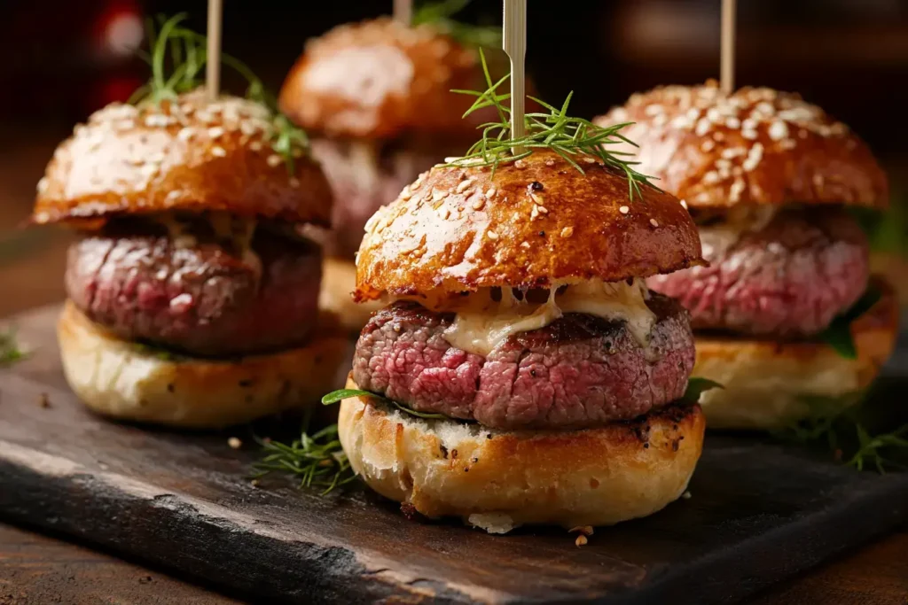 Juicy Wagyu Beef Sliders With Melted Cheddar Cheese On Artisan Buns