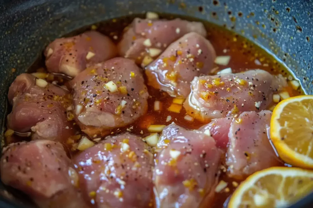 Juicy Raw Chicken Soaking In A Bright Marinade Of Calamansi, Soy, And Honey