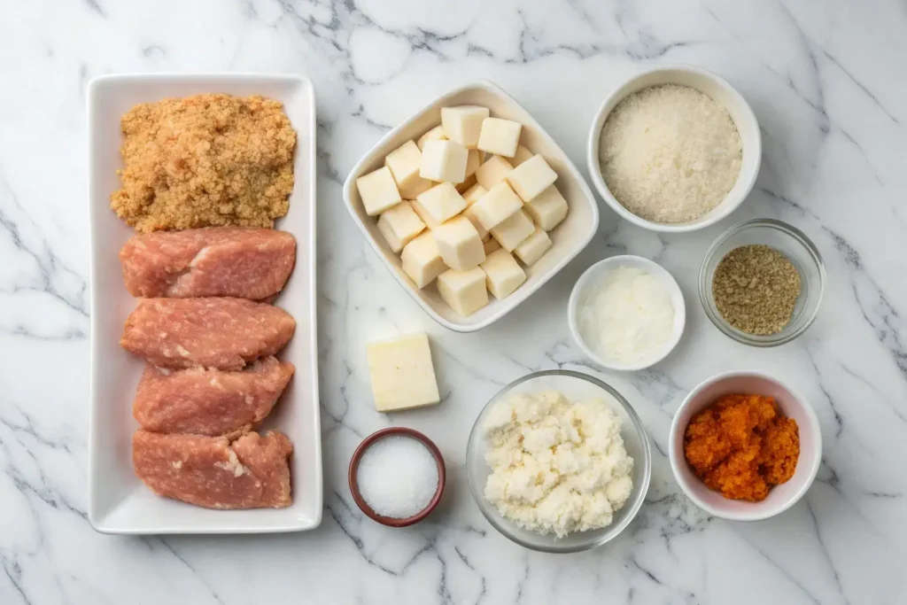 Cheesy Stuffed Chicken Nuggets 3 Key Ingredients For Cheesy Stuffed Chicken Nuggets Ground Chicken, Mozzarella, Panko, Paprika, Buttermilk Arranged On A Marbled Surface.