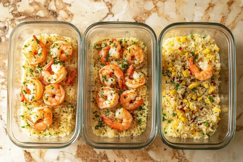 Leftover Shrimp Stored In Containers And Repurposed As Tacos, Pasta, And Fried Rice On A Marbled Surface.