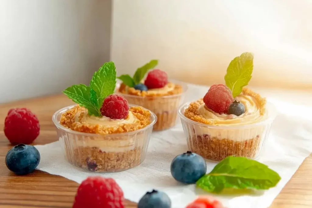 Mini Freeze Dried Berry Cheesecake Cups With A Graham Cracker Crust And A Creamy Berry Swirl Filling