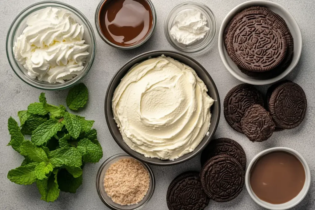 Oreo Cookies, Andes Mints, Cream Cheese, And Cool Whip Arranged For Pie Prep
