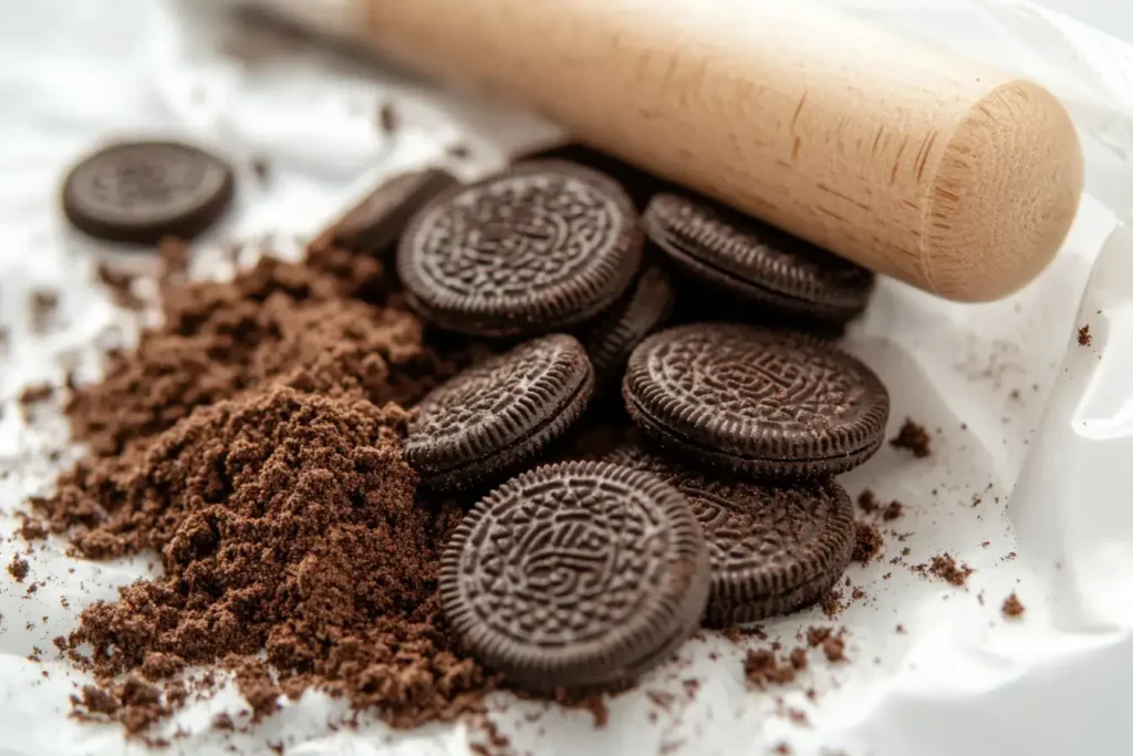 Oreo Cookies Being Crushed Inside A Zip Top Bag Using A Rolling Pin