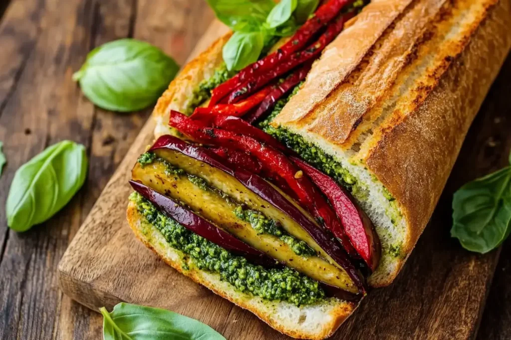 Plant-Based Deli-Style Italian Sub Sandwich Showcasing Different Layers On A Wooden Board