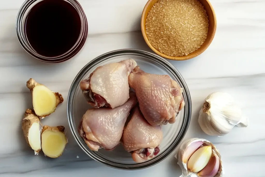 Raw Ingredients For Air Fried Bourbon Chicken On Marble..