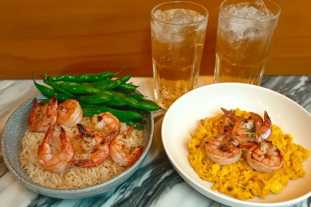 Side Dishes And Drinks—garlic Rice, Beans, Calamansi Tea—arranged On A Marbled Countertop..