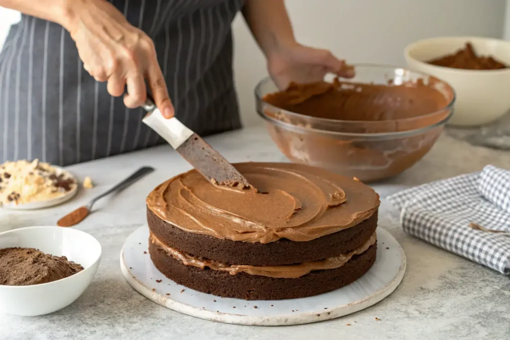 Spreading The Cream On A Cake Layer With A Spatula