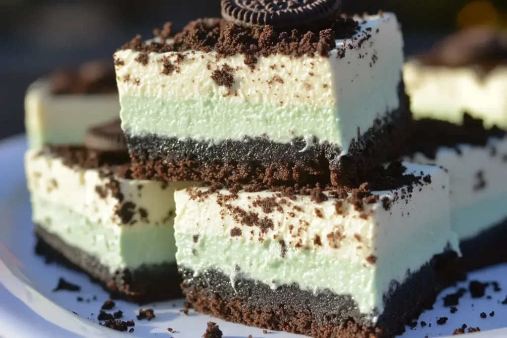 Stack Of Chilled Mint Oreo Cheesecake Bars With Creamy Green Filling