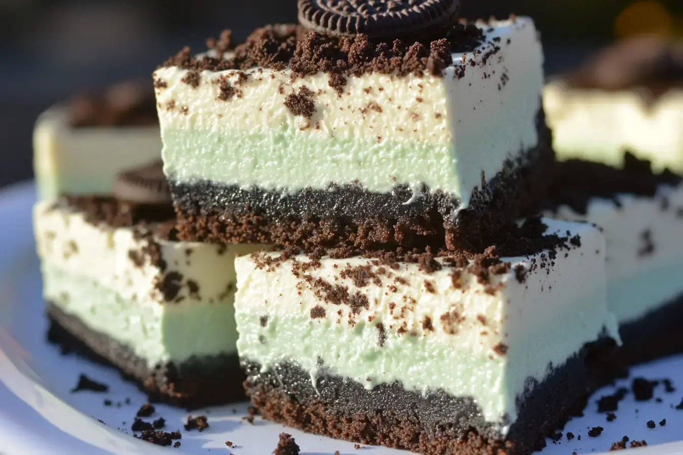 Mint Oreo Cheesecake Bars 1 Stack Of Chilled Mint Oreo Cheesecake Bars With Creamy Green Filling