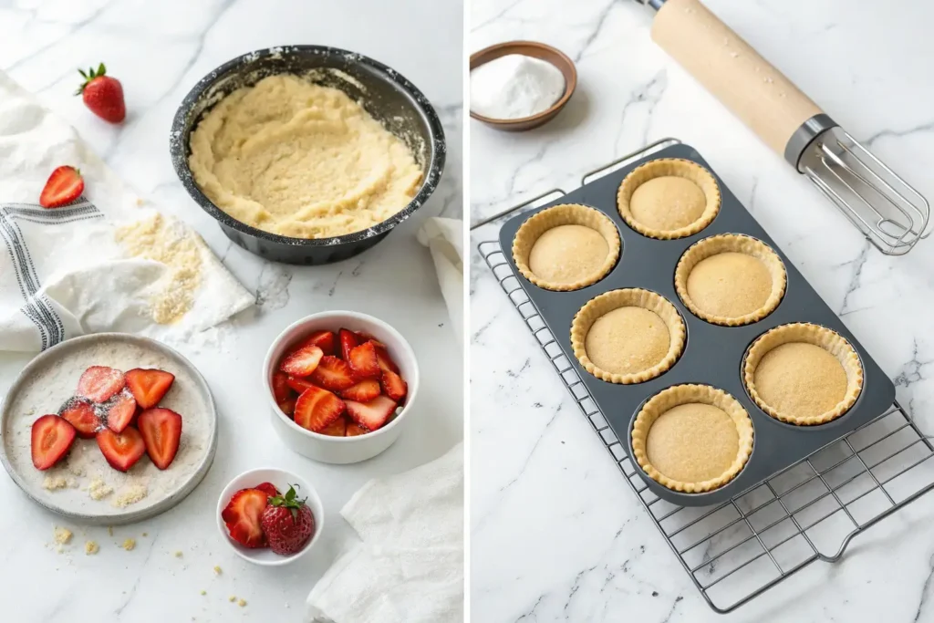 Four Step-by-step montage on a white marble background: toasting flour, pulsing dough in food processor, rolling out dough, filling small tins with strawberries, final baked tarts cooling.